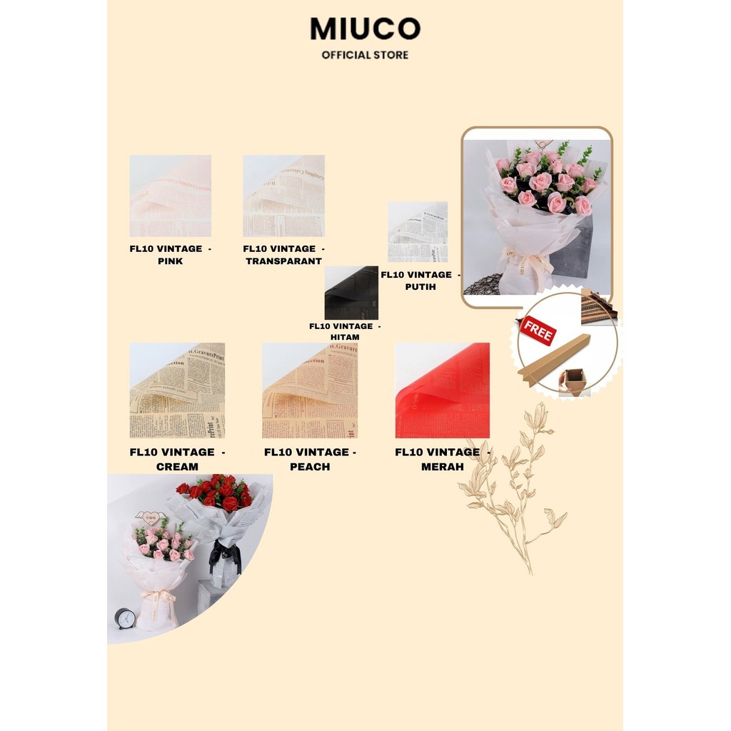 

MIUCO - (5 LEMBAR) - FL10 VINTAGE Craft Paper Kertas Bunga Buket Motif Koran Bunga Florist Cellophane