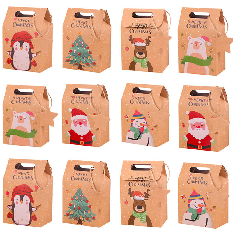 

6/12pcs Christmas Kraft Paper Candy Gift Box with Tag Cookie Snack Packing Bags Christmas Party Home Decorations New Year Gifts