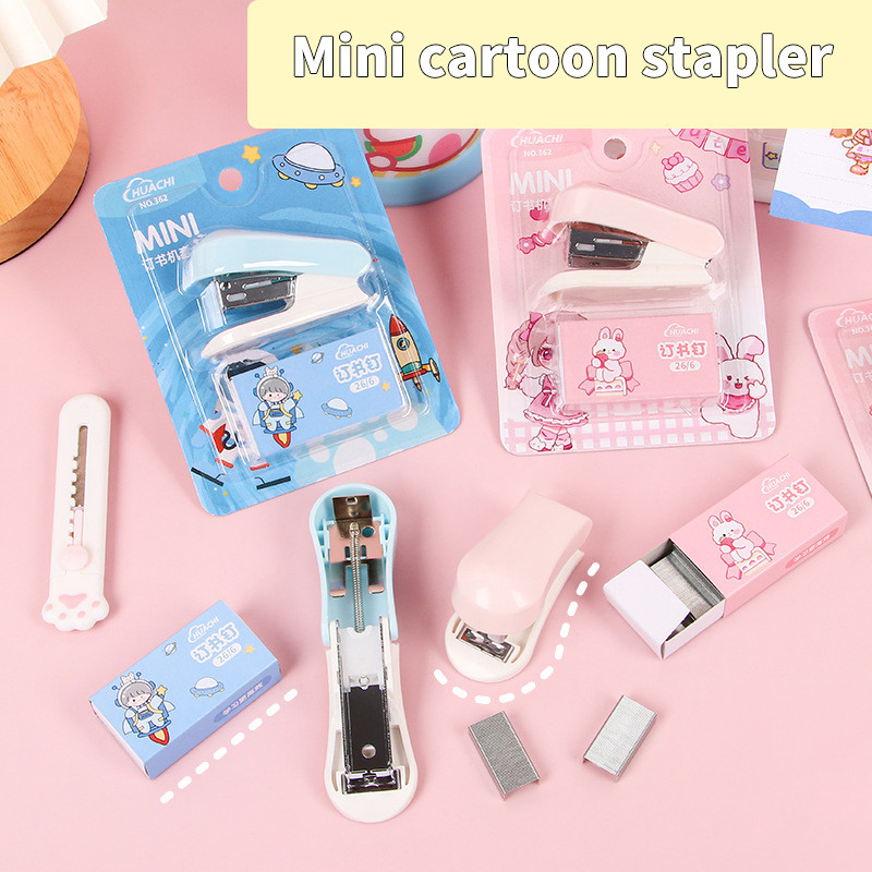 

Cartoon Mini Stapler Set Cute Student Stationery Multifunction Office Documents Test Paper Binding Machine