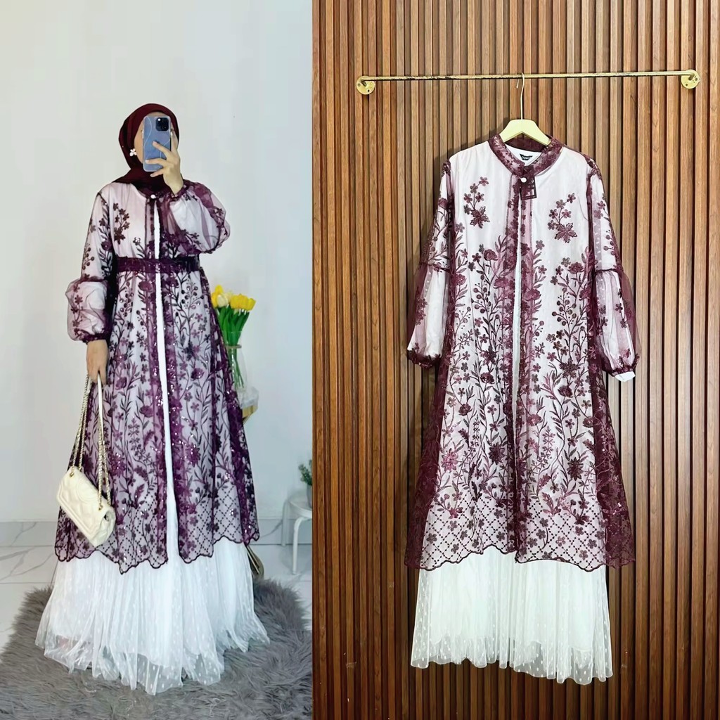 Seraya Dress Outer Brukat Set Gamis Pesta Kondangan Dress Set Outer Lebaran Warna Putih 2025 MURAH