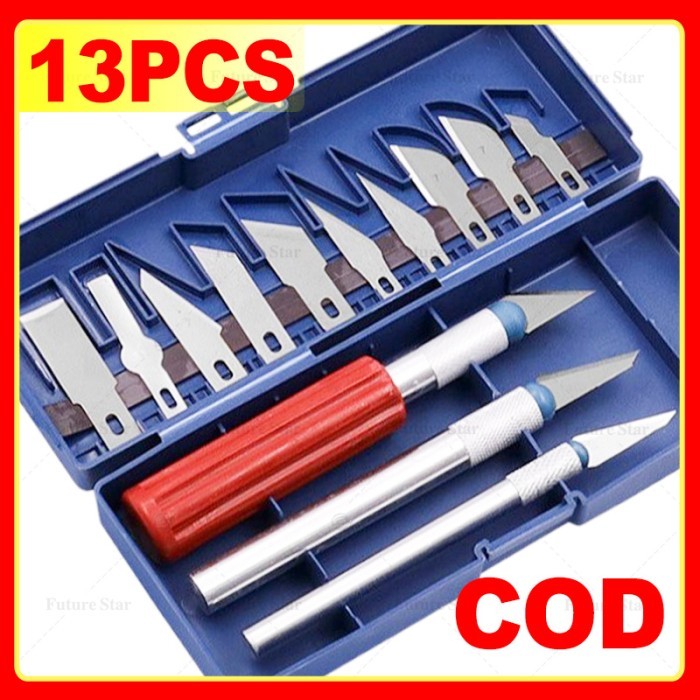 

13 in 1 Pisau Ukir Seni Hobby Cutter Metal Handle Exacto Knife Blades Set 8/14 isi Kit SK5 Carbon Steel Precision Carving for Art, Craft, Hobby, Scrapbooking, Stencil,Sharp Precise Cutting Pisau Bonsai Sayat Ukir