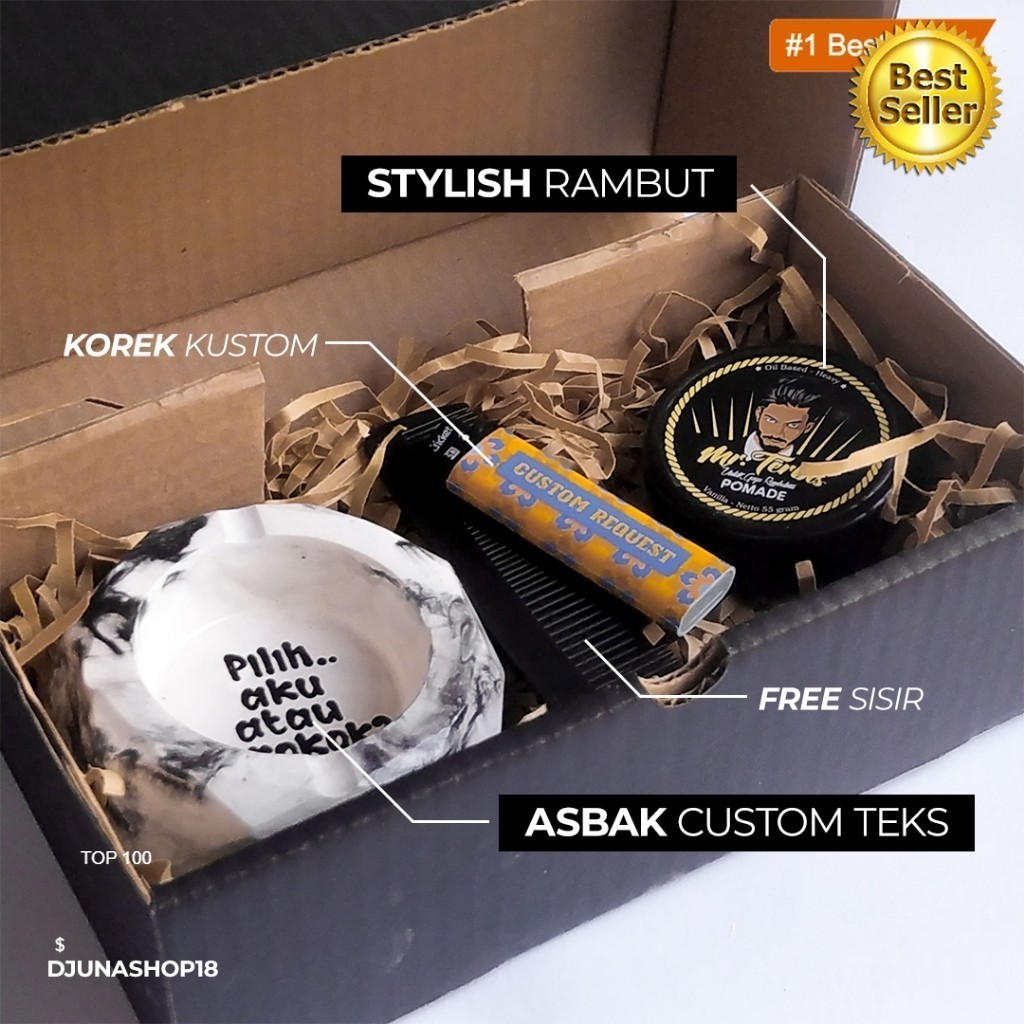 Hampers Pomade Korek Custom Sisir Asbak Ashtray Custom Teks Kado Kado Ulang Tahun Sahabat | Kado Wis