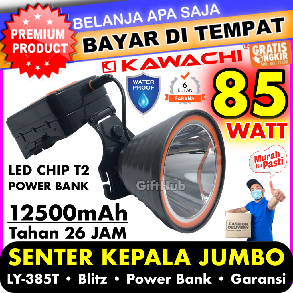 BIG SALE Kawachi Senter Kepala Jumbo 85w 85 Watt LED CHIP T2 Super Terang LY-385T Waterproof Cas USB