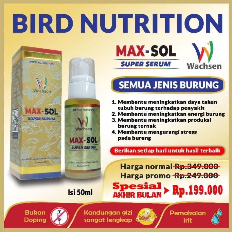 MAX-SOL MAXSOL VITAMIN PROTEIN PENGGACOR SEMUA JENIS BURUNG MURAI KACER PLECI KENARI ANIS LOVEBIRD