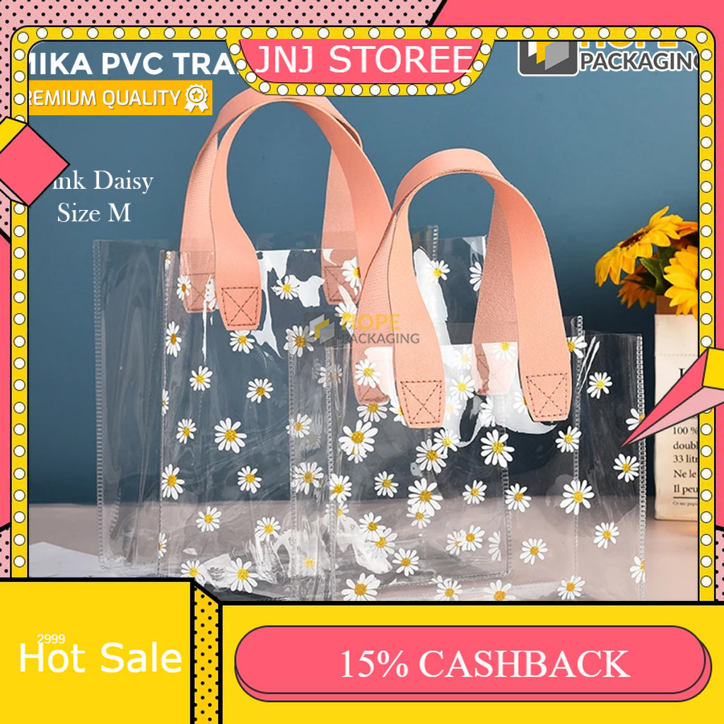5.5 BIG SALE Tas Pvc Transparan Motif Bunga Daisy / Goodie Bag Handle Leather Mika Premium / Tas Bel