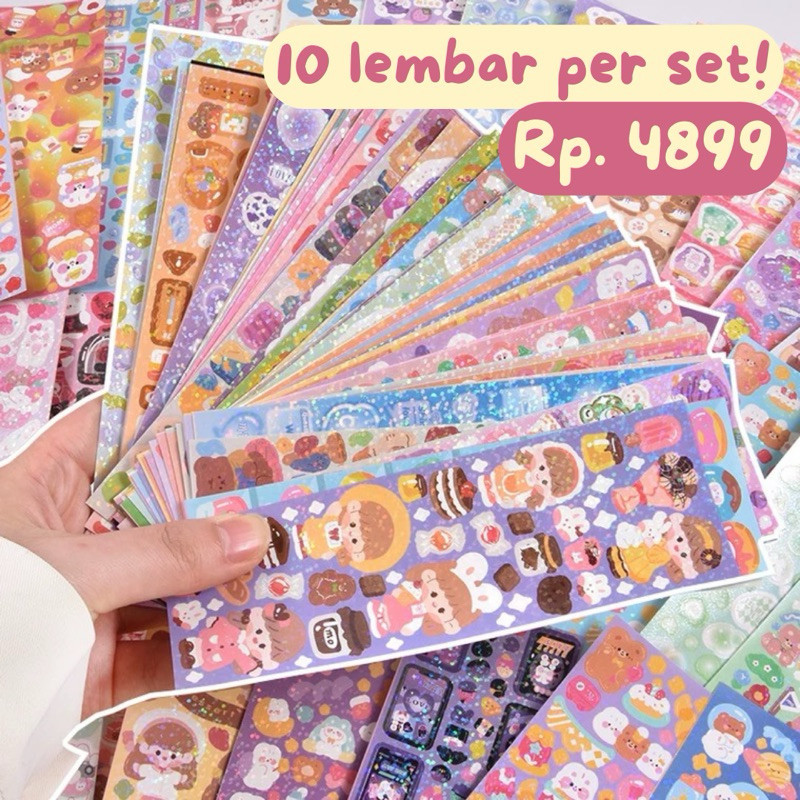 

[10 LEMBAR / SET] Ringo Acc - Set 10pcs Sticker Sheet Stiker Motif Bunny Kelinci Beruang Teddy Bear Momo Little Girl Cute Rabbit Bunga Buku Journaling Journal Buku Dekorasi PC Photocard Korea K-Pop Import Karakter Lucu Warna Warni Pastel Bling Glitter