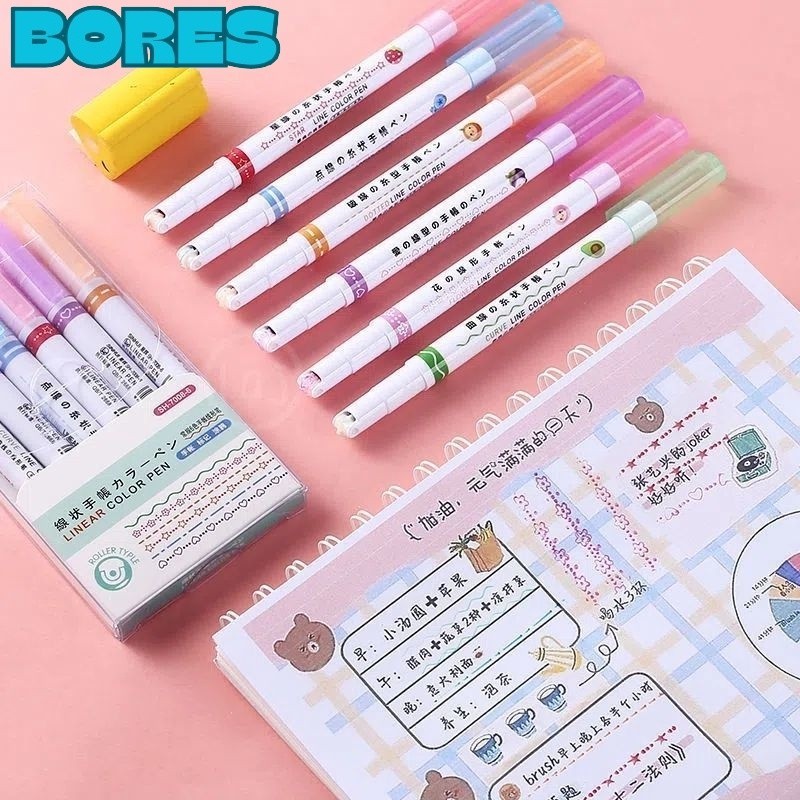 

BORES Spidol Garis Motif Lucu 1 Set 6 Pcs Spidol Garis Aesthetic Warna Warni pulpen roller pen Higlighter Random Spidol Garis Line Marker Alat Tulis Kantor