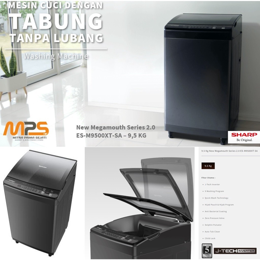 Mesin Cuci 1 Tabung Sharp New Megamouth INVERTER ES-M9500XT - 9,5 KG