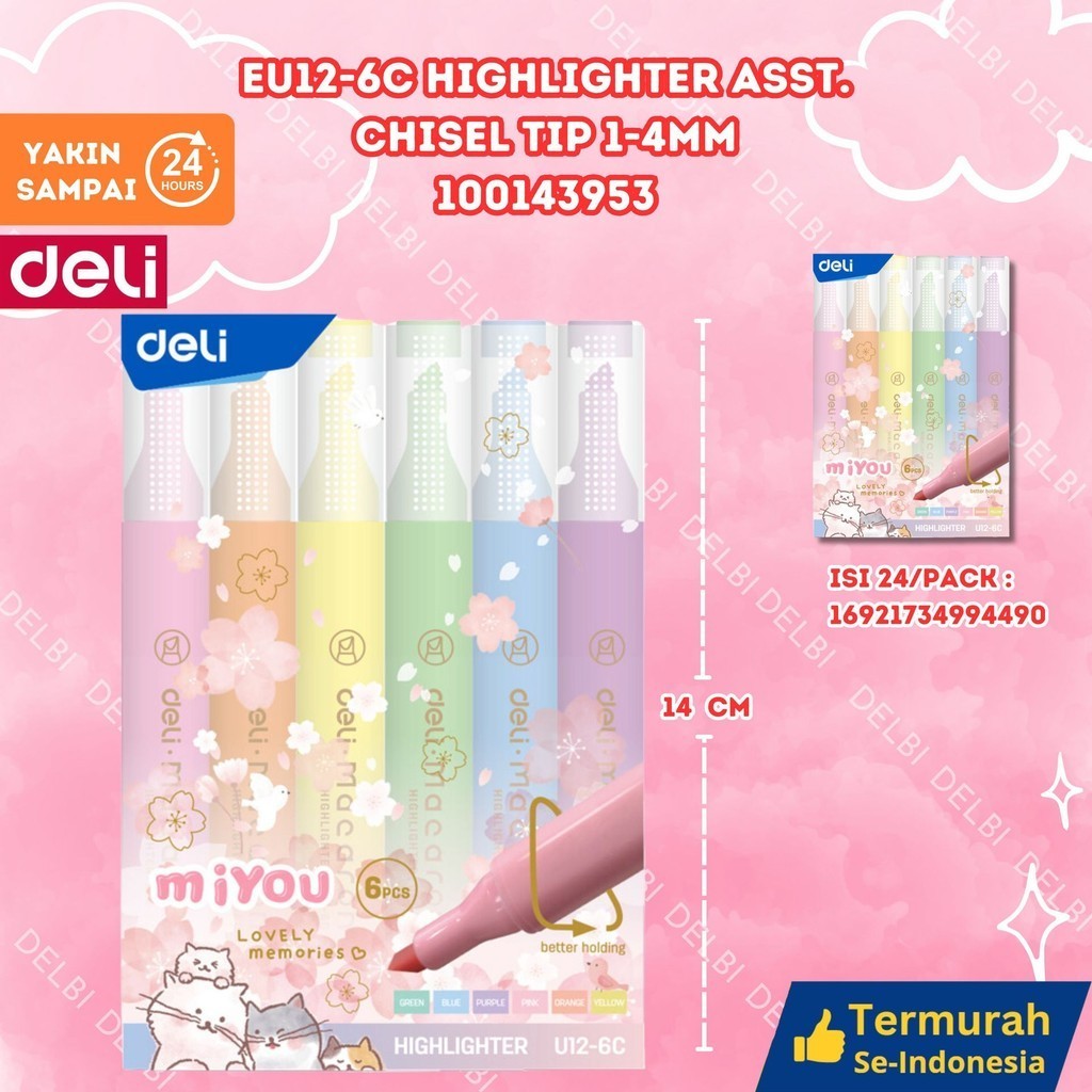 

Deli Highlighter Penanda Warna Pastel 1 Set Isi 6 Warna Cerah dan Soft Kemasan Mika Lucu EU12-6C HIGHLIGHTER ASST.CHISE; TIP 1-4MM