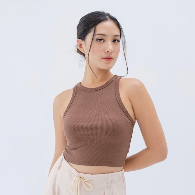 TERLENGKAP Georgios Women | High Neck Crop Top | Tank Top Rib Wanita Kekinian - Moka, S-M