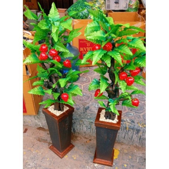 BUNGA SUDUT RUANGAN LENGKAP VAS BATU // POHON BONSAI STROBERY ARTIFICIAL DEKORASI TINGGI 120CM // BU