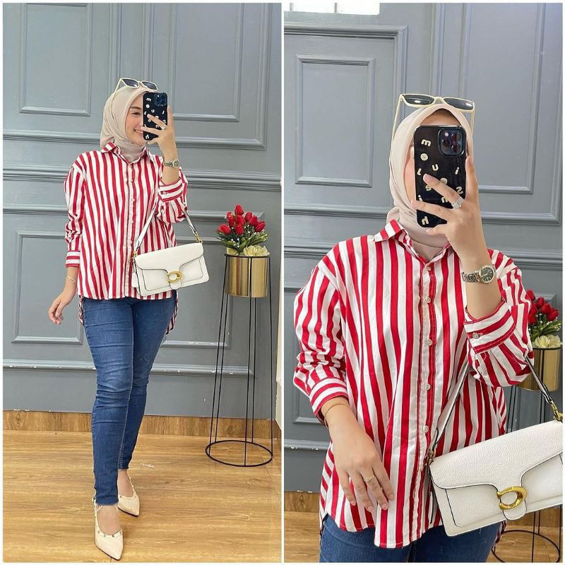 OOTD x LINE - Kemeja Wanita Atasan Garis Merah Putih