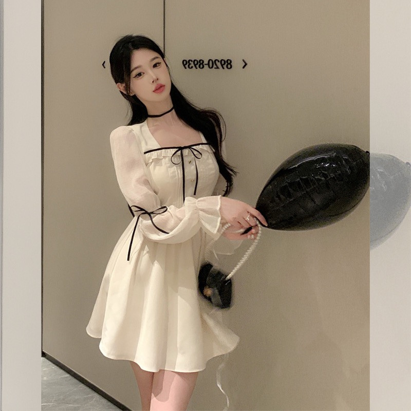 Dya369 Korean beige dress mini formal elegan casual dress vintage lengan panjang pantai sexy dress