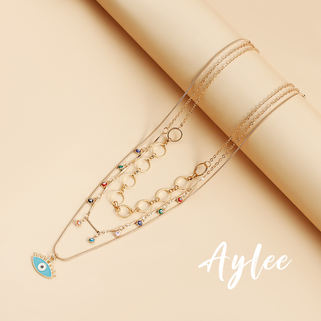 [Aylee]Tetes Minyak Mata Iblis Berwarna-warni Liontin Kerah Kalung Wanita Paduan Emas Kalung Multi-L