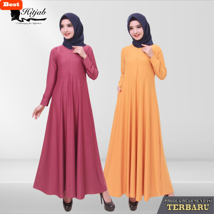 rok wanita kekinian Gamis Jersey / Gamis Polos / Gamis Busui Rok Payung /Baju Gamis Wanita - Kuning