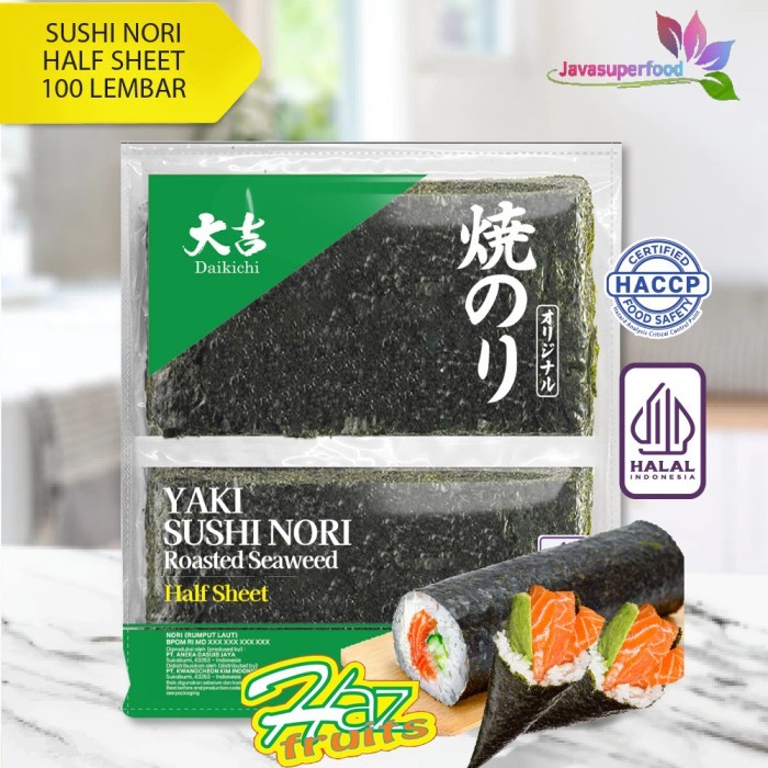 

Daikichi Yaki Sushi Nori Half Sheet Roasted Seaweed / Rumput Laut Panggang (isi 100 lembar)