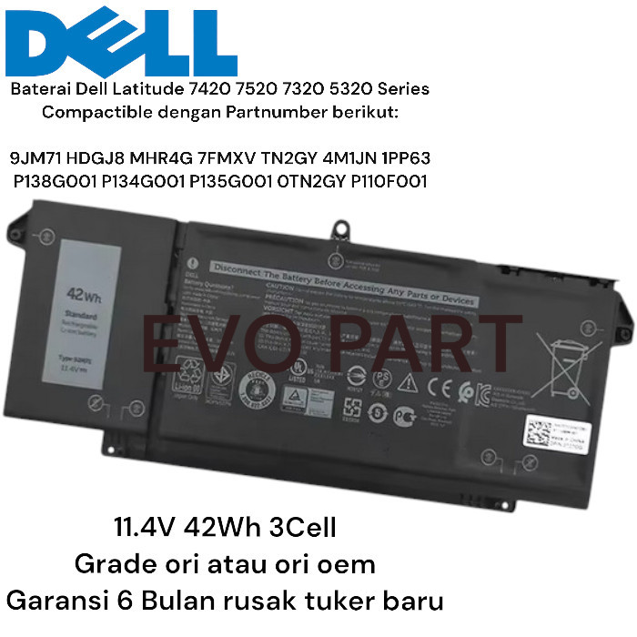 Baterai Dell Latitude 5320 7320 7420 partnumber 9JM71 HDGJ8 4M1JN 42Wh Grade Original Quality -Cetro