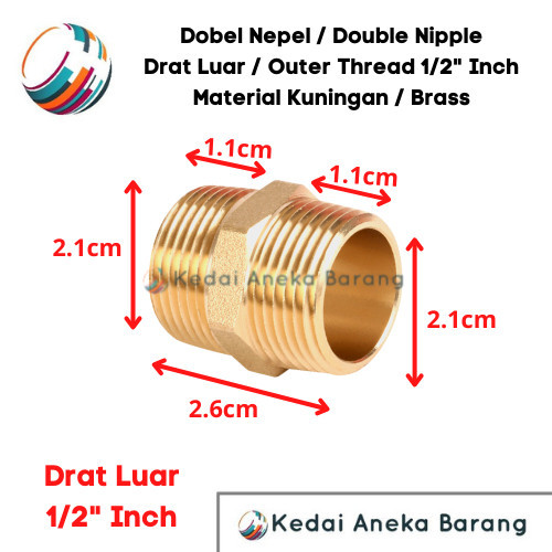 LL76 Double Nipple Dobel Nepel 1/2 1/2" Inch Inchi Kuningan Brass Drat Luar