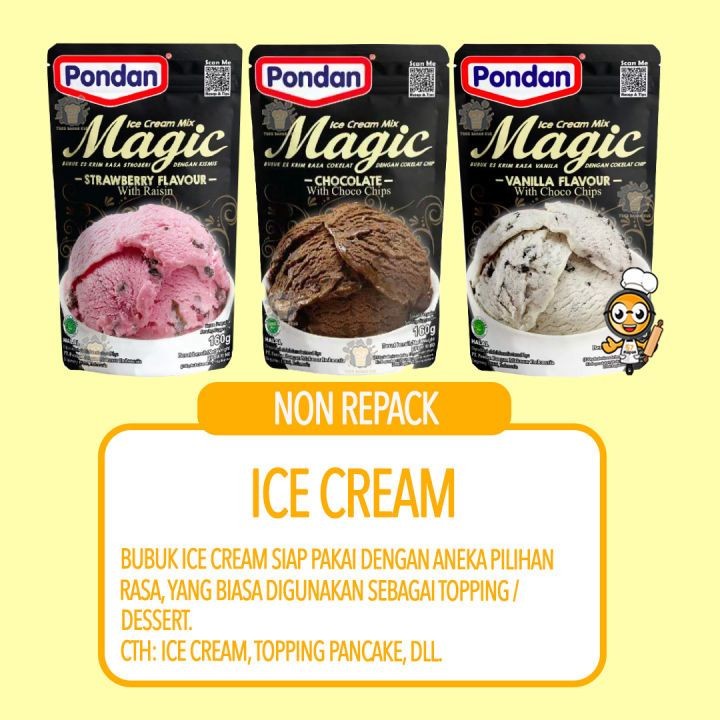 

Pondan Magic Ice Cream Strawberry, Chocoholate, Vanilla Varian 160g dan 75g adalah bubuk es krim siap pakai yang praktis dan lezat rasanya