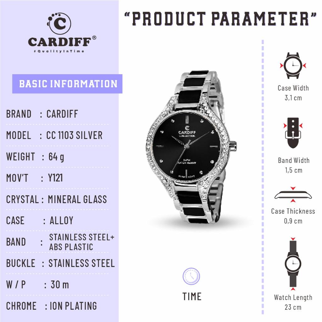 CARDIFF CC 1103 Jam Tangan Rantai Polos Cewek Kasual Water Resist Cewek