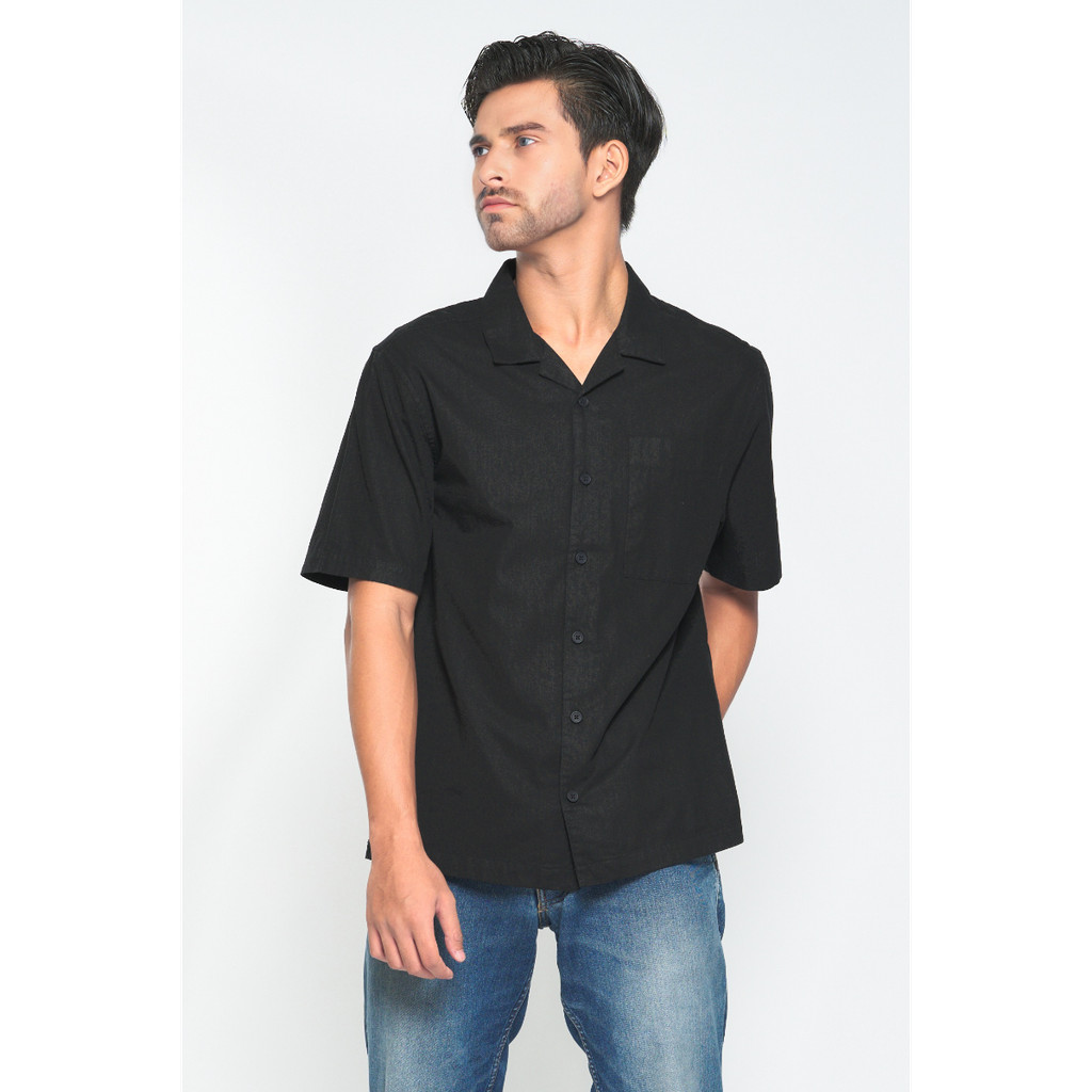 Kemeja Cole Krah Herringbone Lengan Pendek Hitam