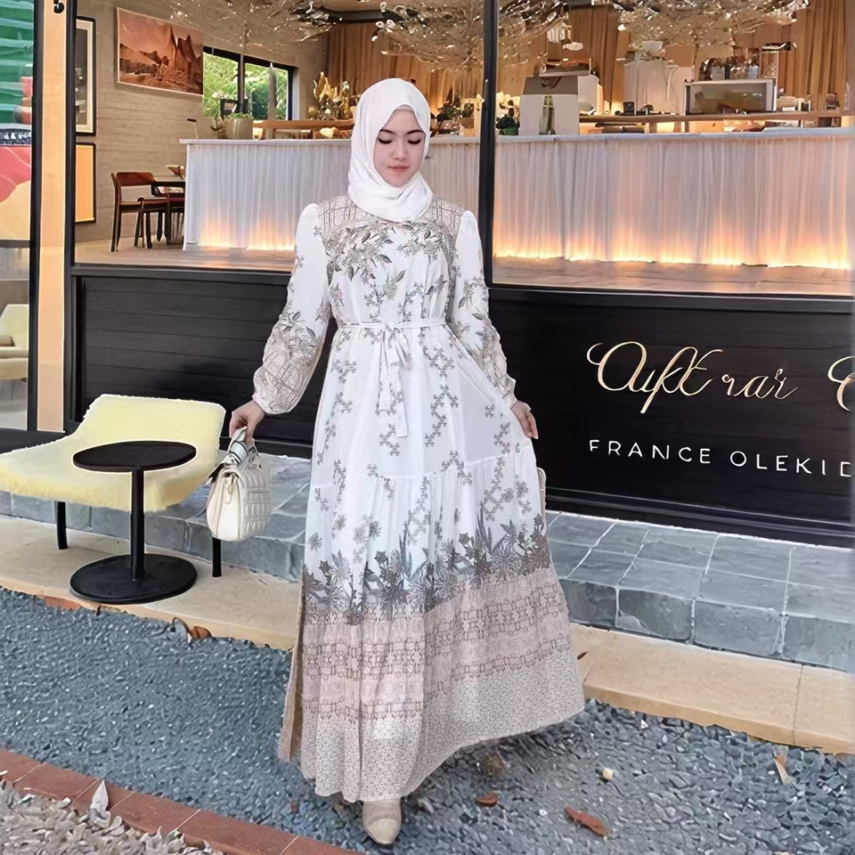 FANMU Gamis dress putih batik mewah wanita kekinian BARU