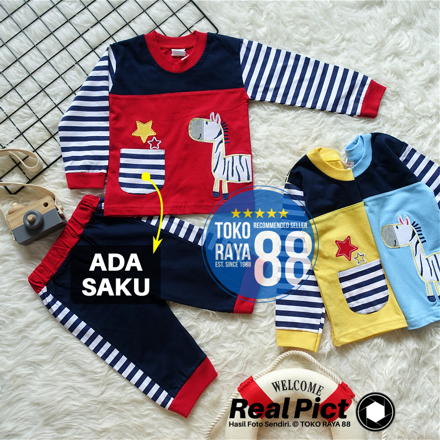 TOKO RAYA 88, Setelan Baju Bayi 3 - 18 Bulan, Motif Zebra Salur Saku, Kaos Panjang Lebaran Unisex, B
