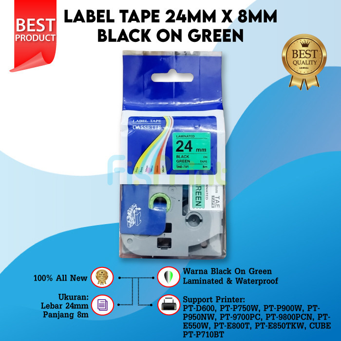 

Label Tape 24mm Black On Green TZe-751 TZE-751 Laminated Casette Compatible
