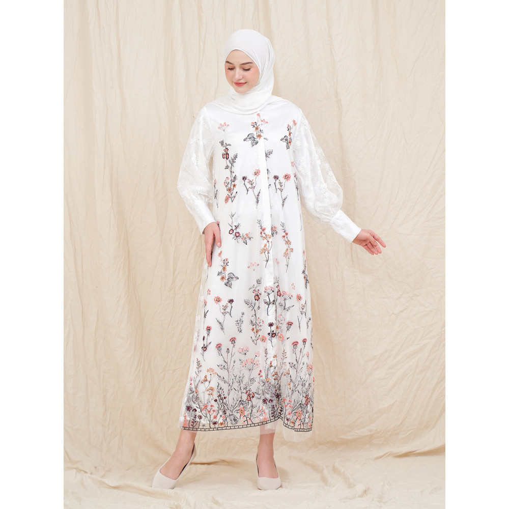 FLASH SALE Ivory White - Fadia Dress - Gamis Dress Lebaran Kondangan Bahan Tile Bordir Premium / Gam