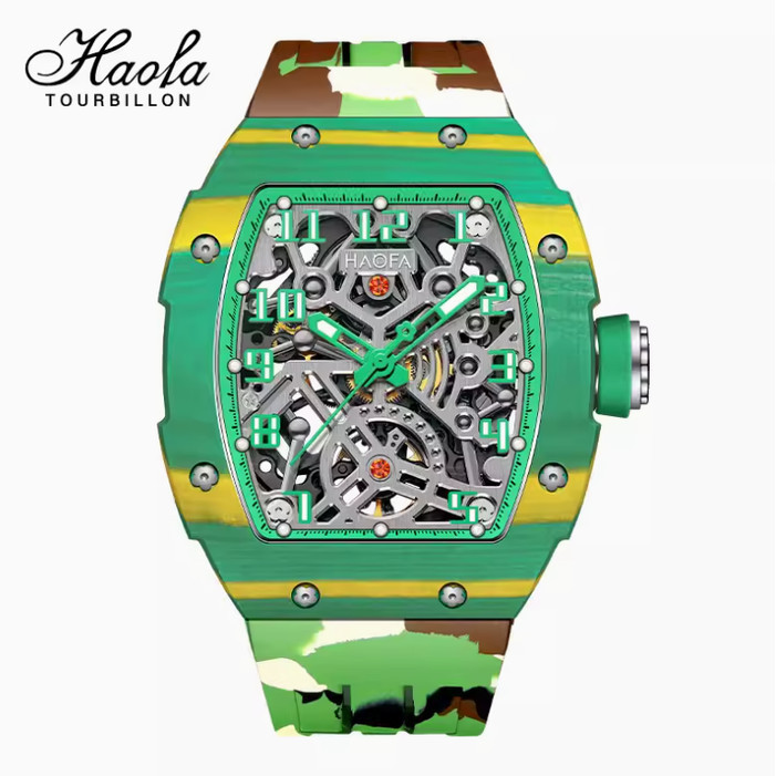 HAOFA AUTOMATIC MEN SKELETON SAPPHIRE CARBON FIBER WATCH 1923 - Green
