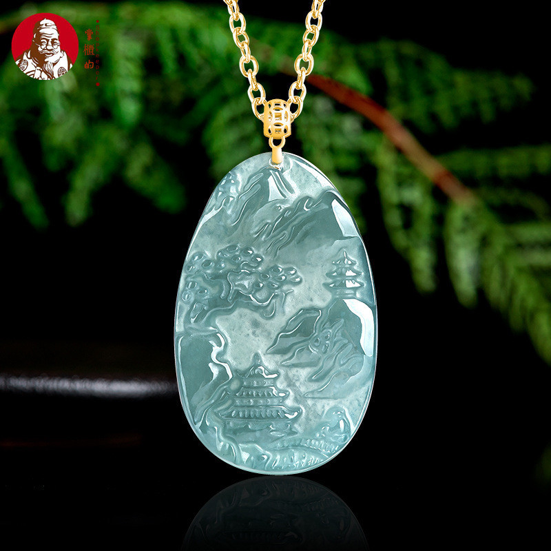 [Dengan sertiflkat  identiflkasi] Natural A jadeite, liontin merek lanskap air biru gesper emas 18K,