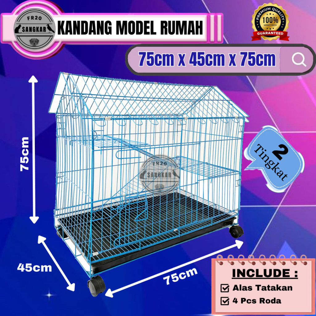 KANDANG KUCING ATAP RUMAH UKURAN XL 75X45X75CM KANDANG BESI TEBAL + RODA - frHome