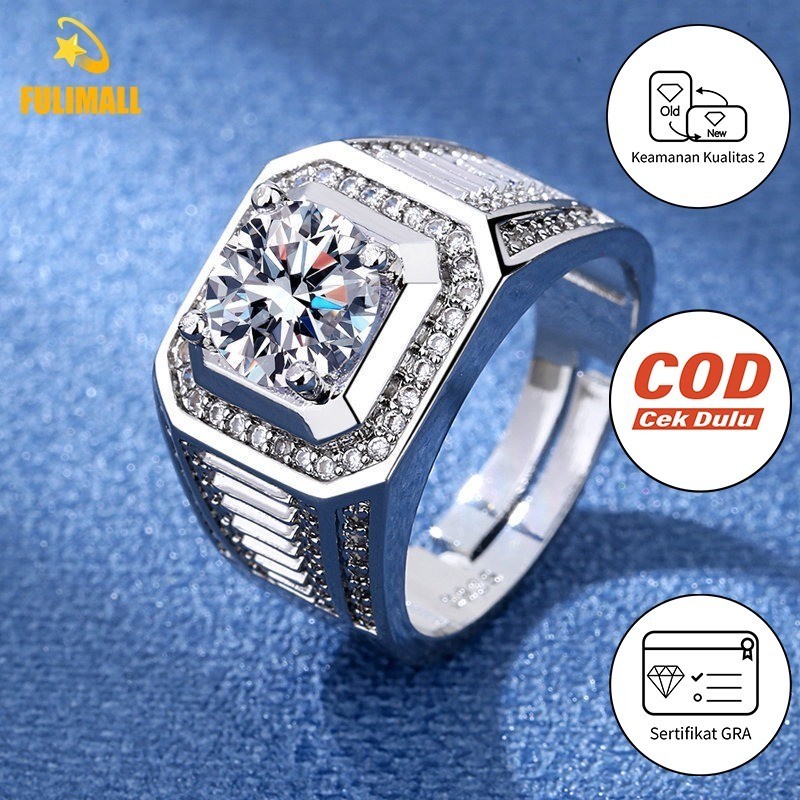 FULIMALL Platinum Ring Pria Cincin Pria 2 Karat Moissanite Trapesium Stok