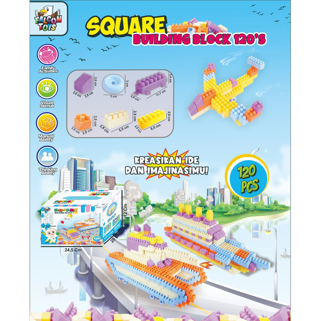 Mainan Edukasi Balok Susun Anak 120 Pcs DIY Brick Block Bricks Block Jumbo Square Building Block AMM