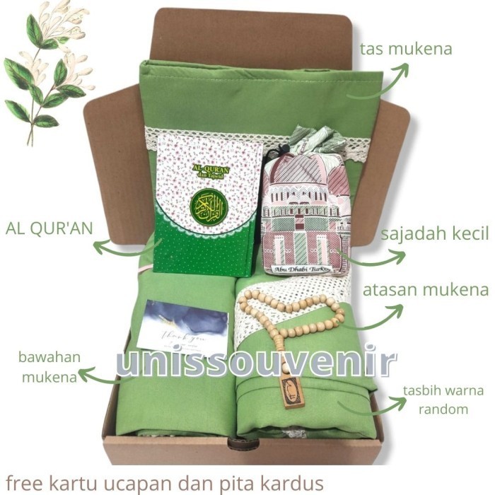 

(NEW) -Hampers Box AL QUR'AN dan Mukena Lengkap Souvenir/Wedding/Gift - Hijau Renda, Non Terjemahan