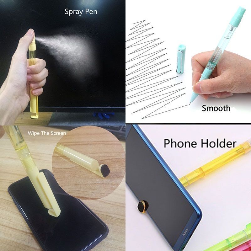 

PULPEN HITAM SERBA GUNA / 4in1 Portable Refillable Mister Gel Pen Black Ink Spray Bottles Phone Holder Stand Pens Wipe Screen Cleaning Pens