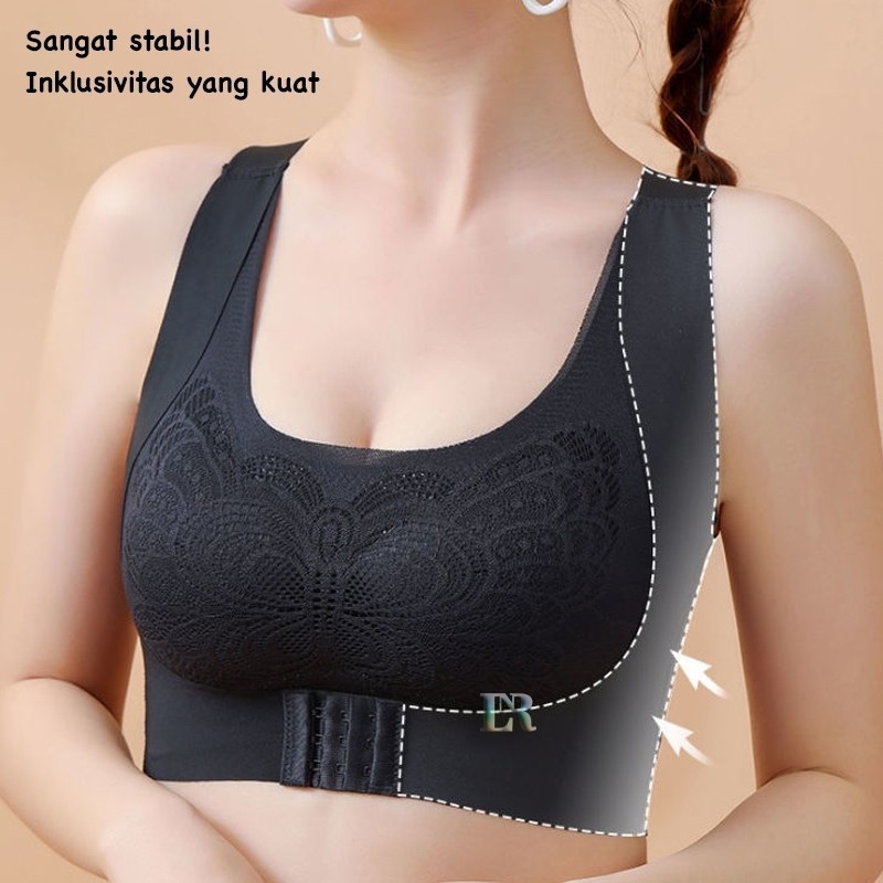 Bra Tanpa Kawat Motif Kupu-Kupu Kancing Depan Sport Seamless Bra Import Cup Pad Busa Tebal Size M-3X