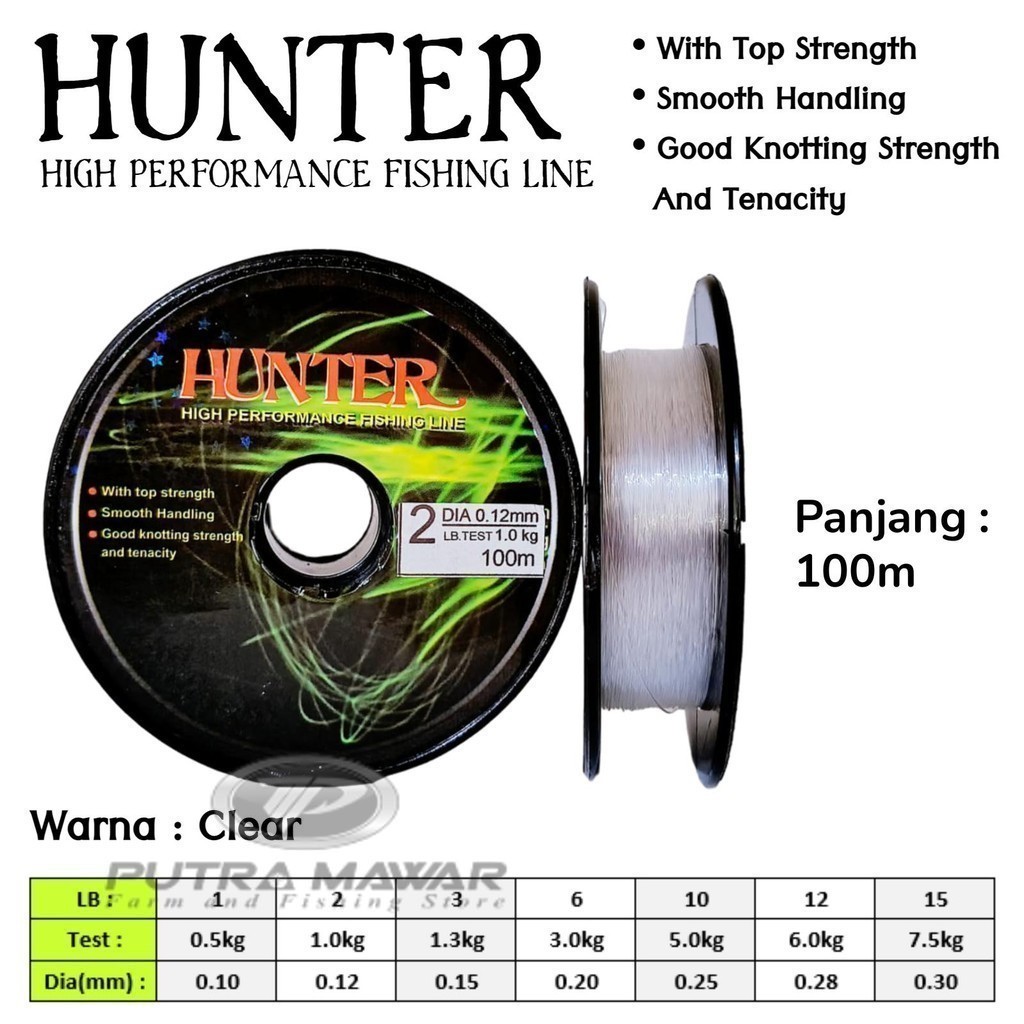 Hunter 1lb - 15lb Panjang 100m Senar Kenur Pancing Warna Clear Bening Tangkai Pancingan Mudah Tengge