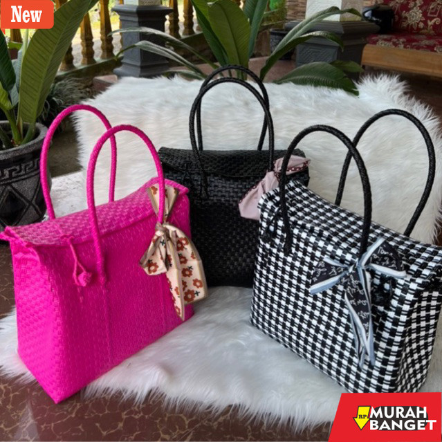 tas jinjing wanita (FREE BIG SYAL) TRAVEL BAG Tas Jali Tas Jaly Tas Anyaman Plastik Premium Tutup Ma