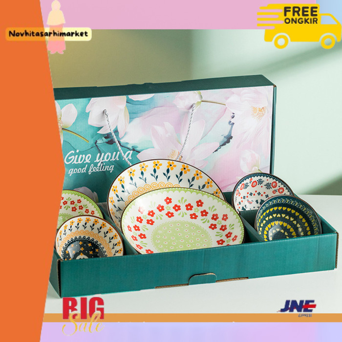 

✨LARIS✨ -Gift Set Piring Mangkok Keramik Flower Motif Bunga Hampers Kado - Hijau Bunga 6