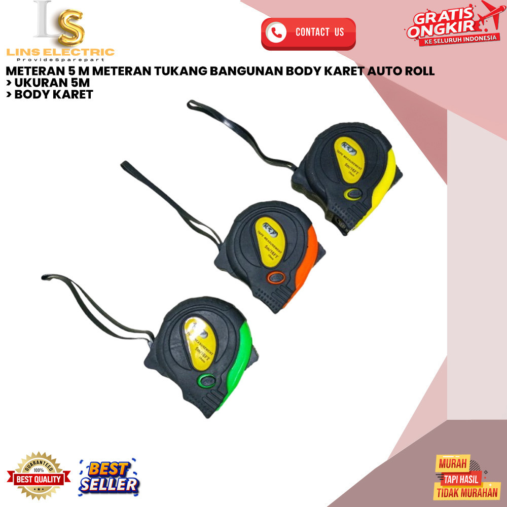 METERAN 5 M METERAN TUKANG BANGUNAN BODY KARET AUTO ROLL LINS