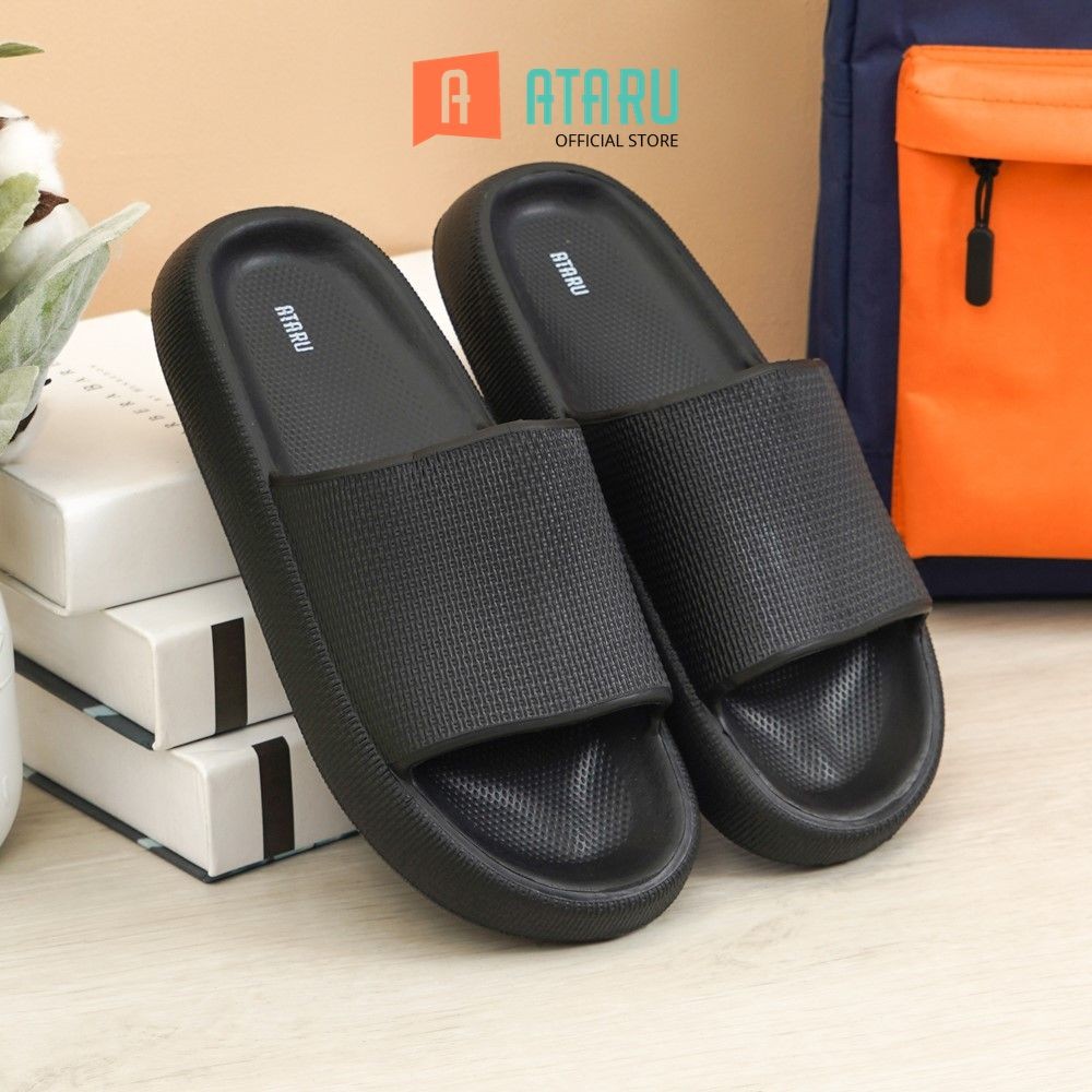 Ataru Ukuran 37/38 Sandal Karet Thick Slides - Hitam Sendal Unisex Alas Kaki Slide Cewek Cowok Fashi