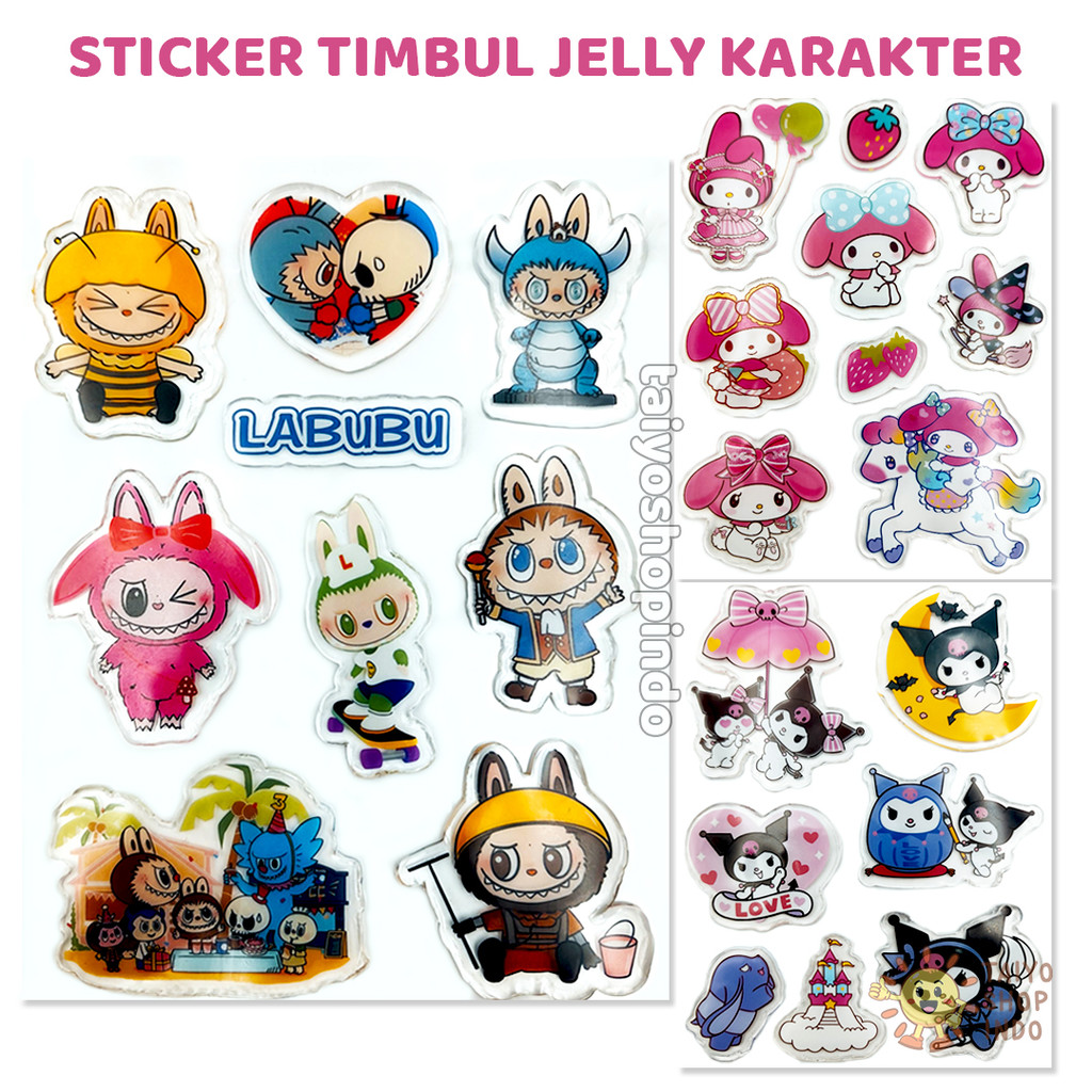 

TAIYO Sticker Timbul Jelly Kuromi Cinnamoroll Melody Labubu stiker Motif Tempel kenyal Mainan Anak