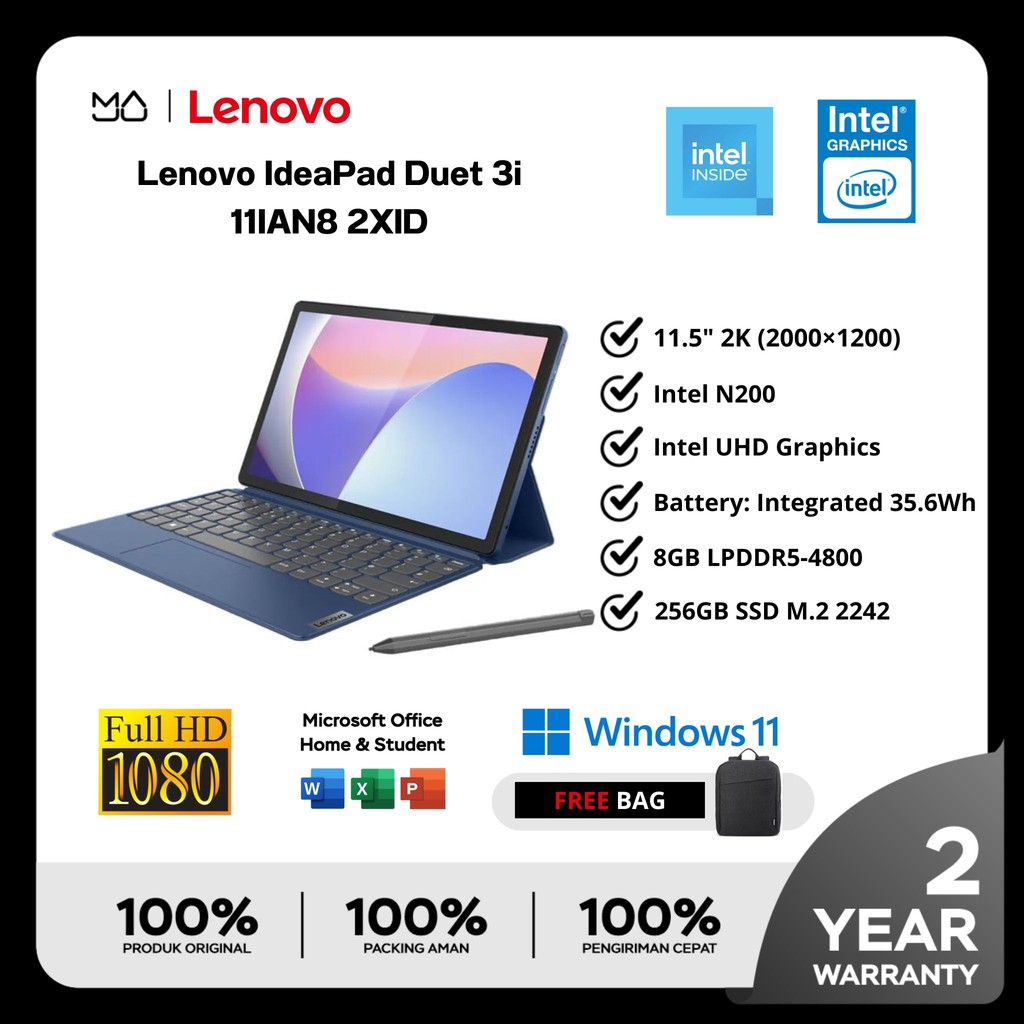 Laptop LENOVO Ideapad Duet 3i 2XID Intel N200 8GB/256GB SSD 11.5" 2K Touch - Garansi Resmi