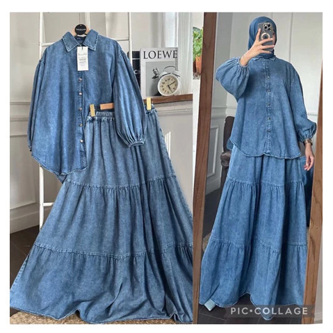 Zifana-Lena Set Baju Stelan Rok Jeans Wanita Jumbo/ One Set Jeans Premium/Setelan Jeans Wanita Jumbo