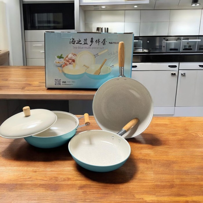 3in1 3 in 1 Set Paket Wajan Keramik Biru isi 3 pcs Panci Masak Penggorengan Soup Sup Anti Lengket Ce