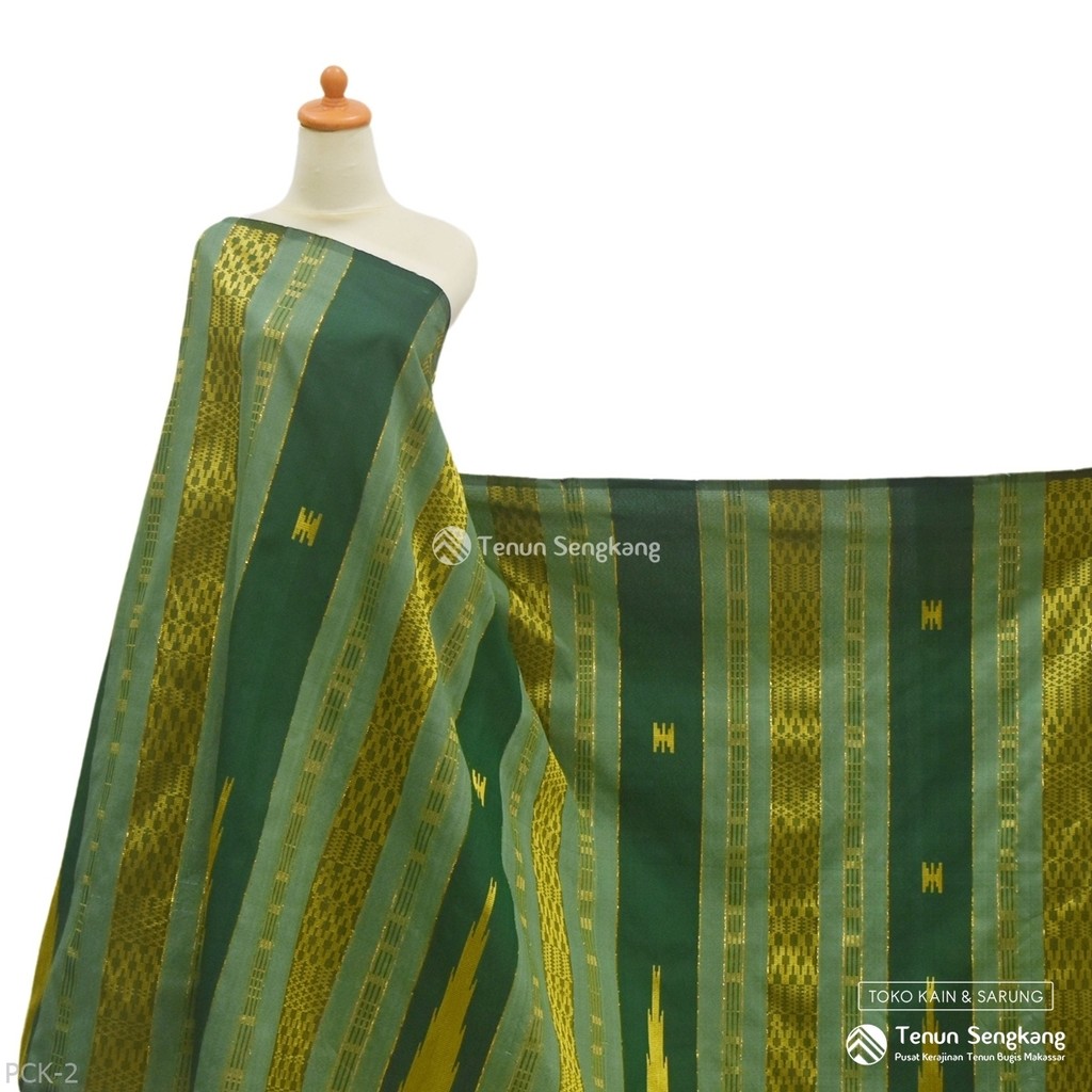 Kain Sarung Tenun Motif Kristal Pucuk Tinggi Sutra Bugis Makassar Hijau Botol Hijau Sage - Tenun Sen