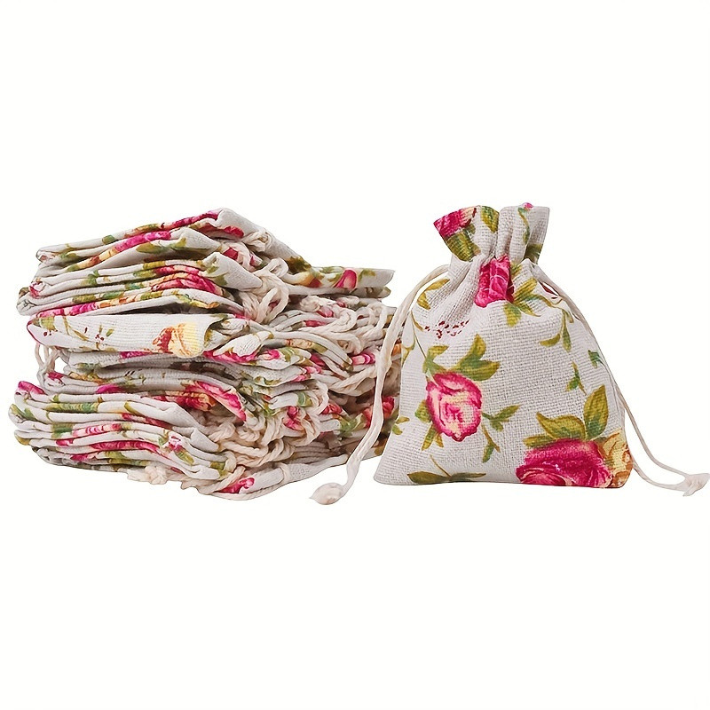 

10 Pcs/Lot Small Size Rose Printing Linen Drawstring Bags Wedding Party Gift Package Cotton Flower Craft Pouches 7x9/10x14cm