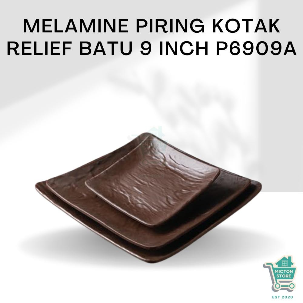 MICTON Premium Melamine Piring Kotak Relief Batu 9 inch P6909A Piring Kotak Relief Batu Piring Perse