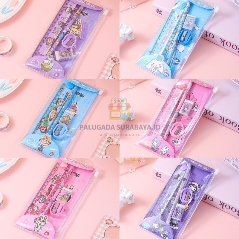 

⭐ PGS ⭐️ Alat Tulis Sekolah Set 5 in 1 Motif Sanrio Labubu Pouch Souvenir Hadiah Anak
